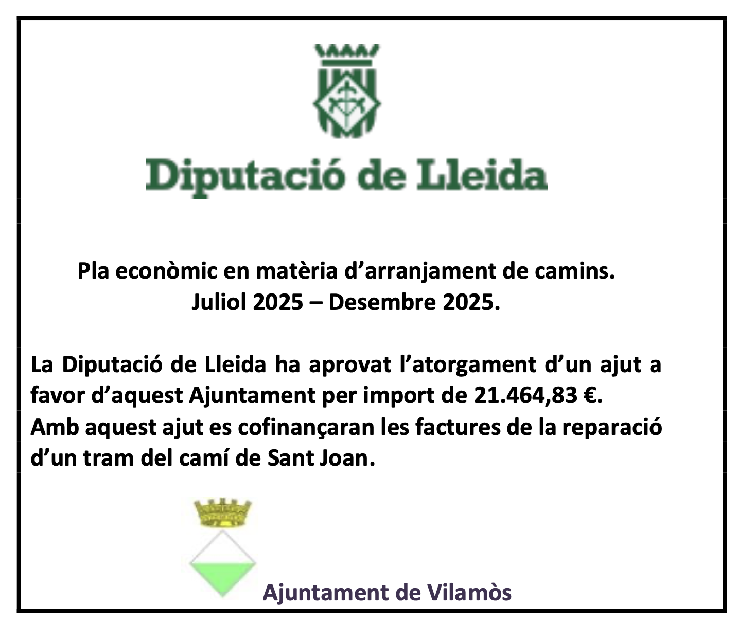 Pla econòmic en matèria d’arranjament de camins. Juliol 2025 – Desembre 2025.