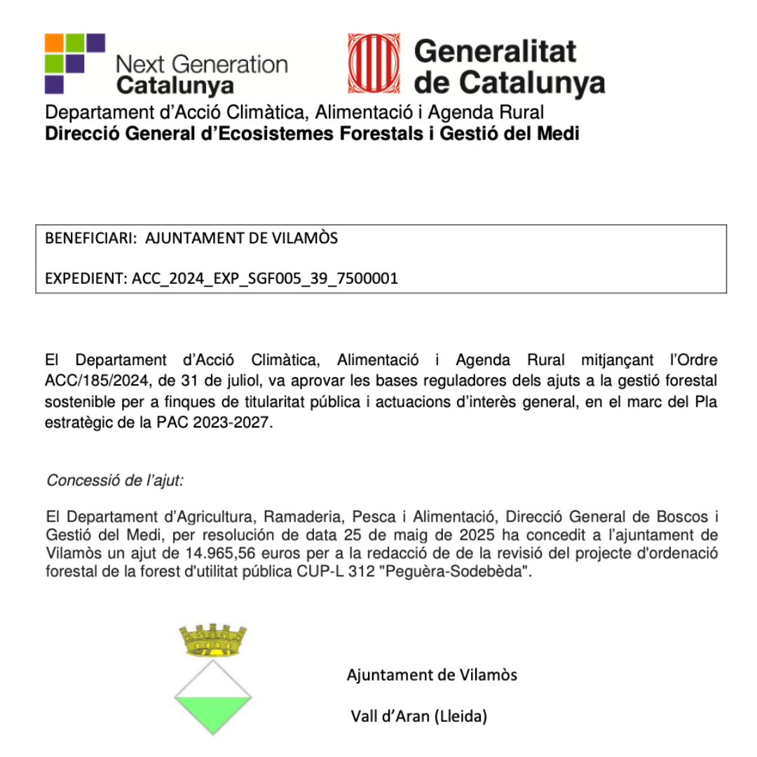Ajut per a la redacció de de la revisió del projecte d'ordenació
									forestal de la forest d'utilitat pública CUP-L 312 "Peguèra-Sodebèda".